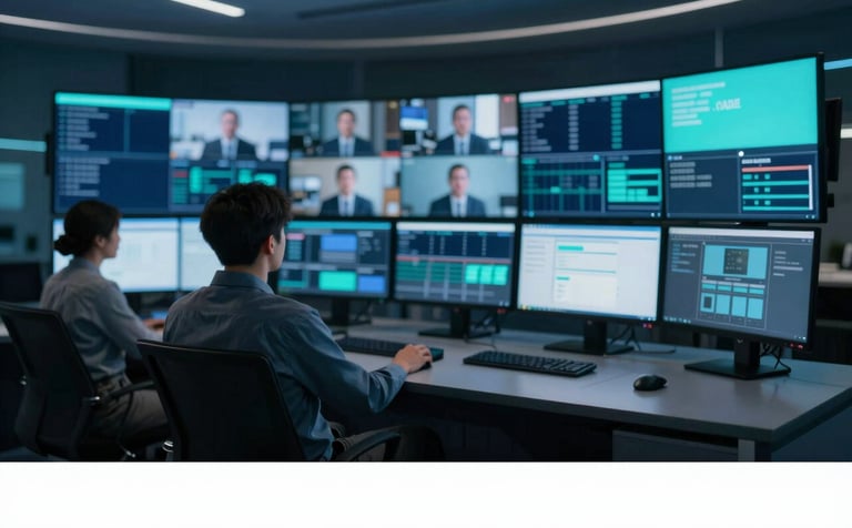 A modern broadcast control room featuring multiple high-definition monitors displaying streaming data and video feeds. Professional atmosphere with dark blue finishes (#0A1D2B) and teal ambient lighting (#2C5F6F), emphasizing real-time reliability and media expertise.