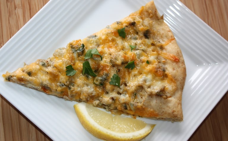 slice of cheesy clam pizza