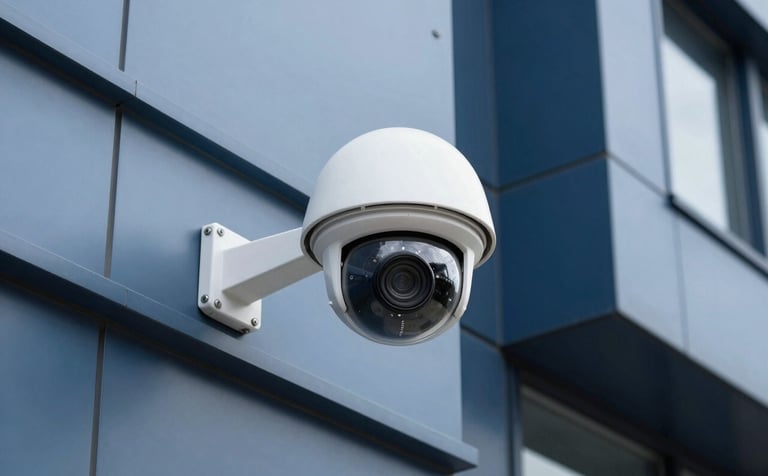 A high-definition professional dome security camera mounted on a modern commercial building facade with steel blue and deep navy blue architectural accents. Clean daylight lighting, professional setting in a International English urban environment.