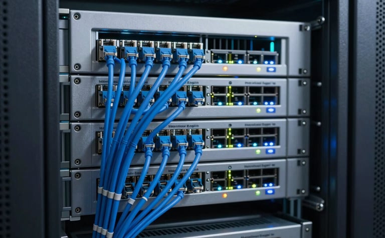 A high-end networking server rack with neatly organized blue ethernet cables and glowing status lights. Soft grey and steel blue metal finishes. Modern International English corporate data center.