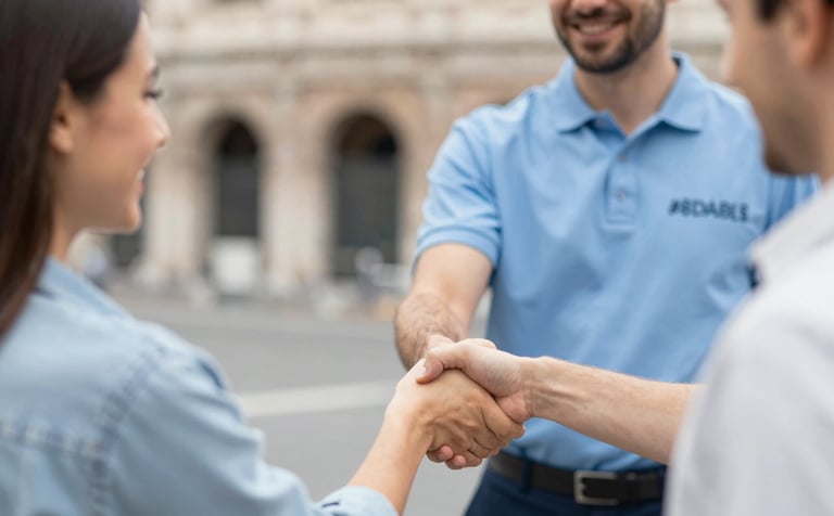 A close-up of a professional technician in a branded uniform shaking hands with a relieved customer in Rome. Trustworthy, clean, and modern atmosphere using palette colors #8DAFB5 and #1A2E35.
