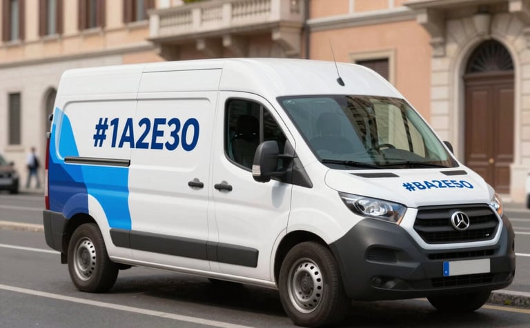 A clean, modern roadside assistance van parked in a sunny Rome street, featuring professional branding in #1A2E35 and #8DAFB5. The scene is bright and reassuring, with a focus on quick service tools.