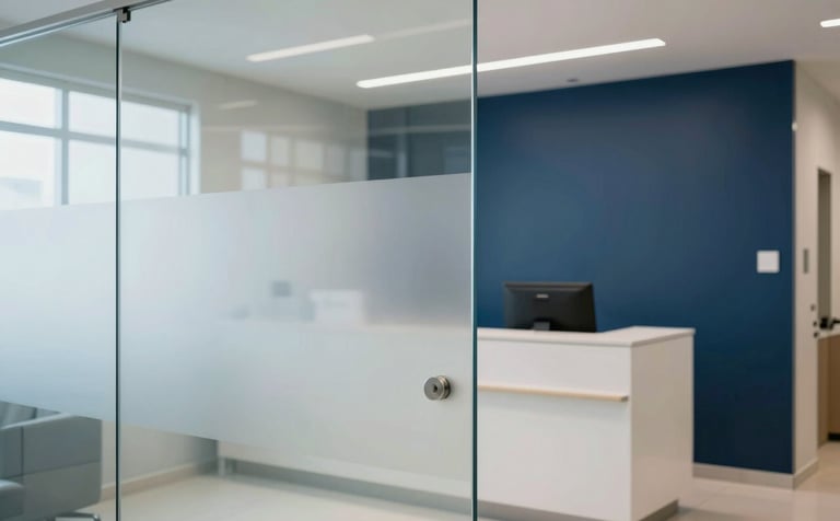 Clean and professional photography of a modern medical clinic reception in Brazil. The scene shows glass partitions with high-quality frosted vinyl branding, soft natural lighting, and a minimalist design in shades of dark blue and white.