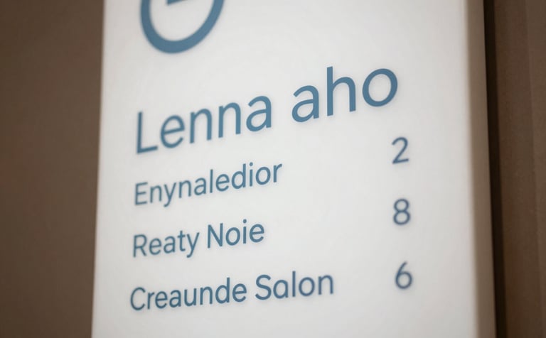 Close-up photography focusing on a minimalist and sleek directory sign inside a luxury Brazilian beauty salon. The design features crisp typography, light blue accents, and high-quality materials, reflecting an innovative aesthetic.