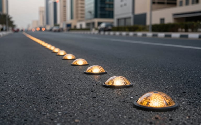 A perspective shot of a clean urban road in a Saudi Arabian city featuring installed cat's eyes road studs reflecting light, with a blurred background of a modern commercial district, demonstrating safety and infrastructure solutions.