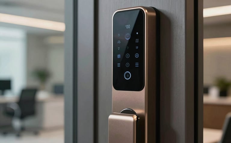 A close-up shot of a modern smart lock and intercom system installed at the entrance of a contemporary office in Saudi Arabia, sleek metallic finish, soft professional lighting, showcasing advanced access control technology.