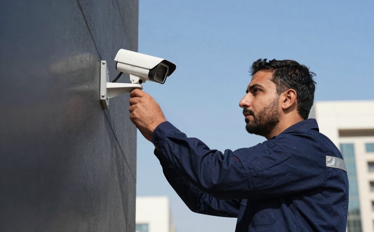 A Middle Eastern professional technician in a navy blue uniform installing a high-tech IP security camera on the exterior wall of a modern building in Riyadh, clear blue sky, professional photography, high contrast.