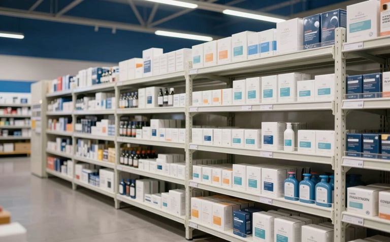 Photography of a clean, modern warehouse interior in Northern Europe. Shelves are stocked with high-quality consumer products in retail packaging. The lighting is crisp and professional, featuring off-white and deep blue tones in the background architecture.