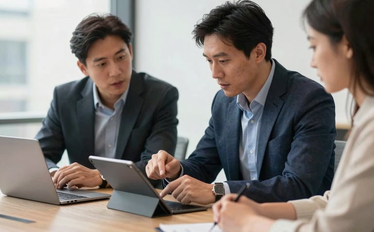 A professional meeting in a London office setting. Two business partners in smart-casual attire are discussing a project over a tablet. Natural light, professional mood.