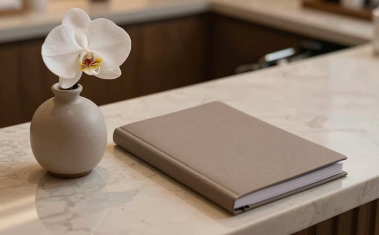 A serene, close-up photograph of a luxury spa reception desk featuring a single white orchid in a ceramic vase and a clean, muted taupe appointment book.