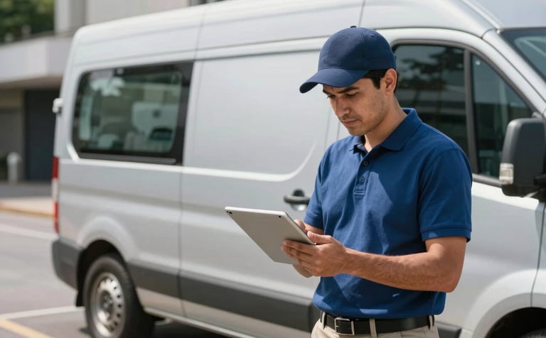 A professional South American delivery operator checking a tablet next to a modern silver cargo van in a clean urban South American setting. Style is clean, bright, and emphasizes efficiency.