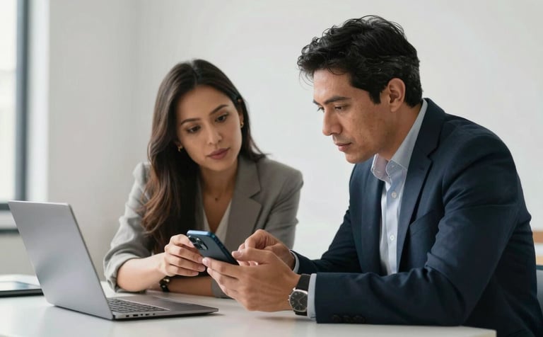Two South American professionals in a clean, minimalist workspace discussing information on a smartphone screen. The lighting is crisp and modern, reflecting a sense of efficiency and innovation.