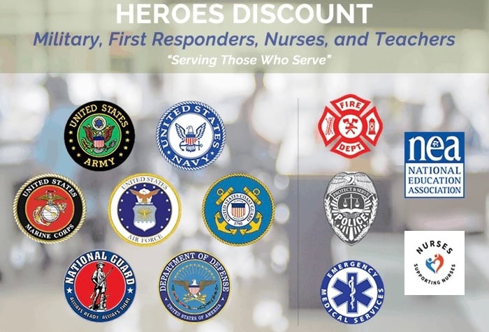10% DISCOUNTS FOR MILITARY, FIRST RESPONDERS, NURSES, TEACHERS