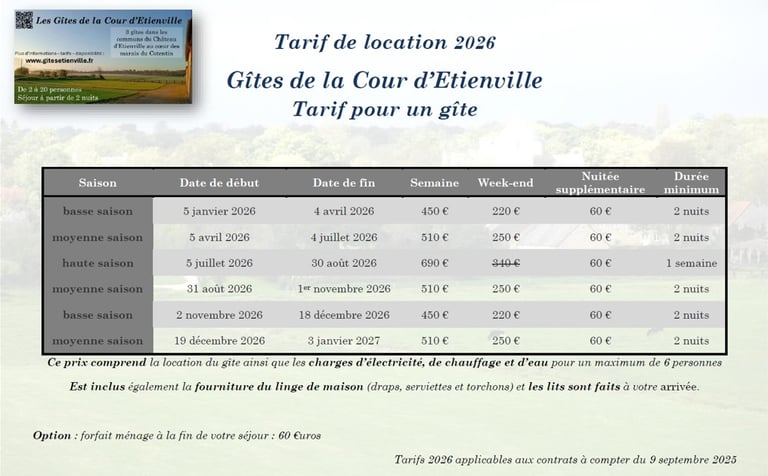 Tarifs Gîtes de la cour d'Etienville 2026 marais du Cotentin