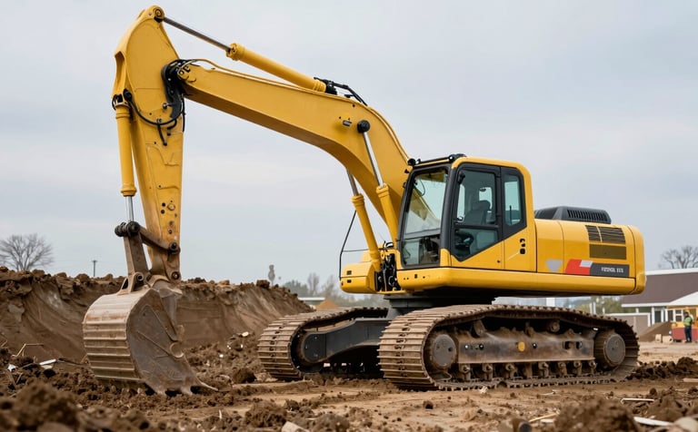 Low angle shot of a clean, modern yellow excavator working on a tidy excavation site in Central Europe. The soil is neatly organized, and professional safety equipment is visible. Cinematic lighting, corporate aesthetic, emphasizing Swiss-level precision and order.