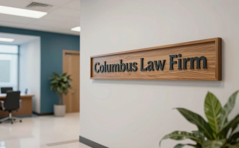 A bright, modern law office lobby. A wooden 'Columbus Law Firm' sign is visible. The atmosphere is calm and welcoming, with #F5F8FA walls and #0E2A47 accents. Sharp focus, clean professional composition.