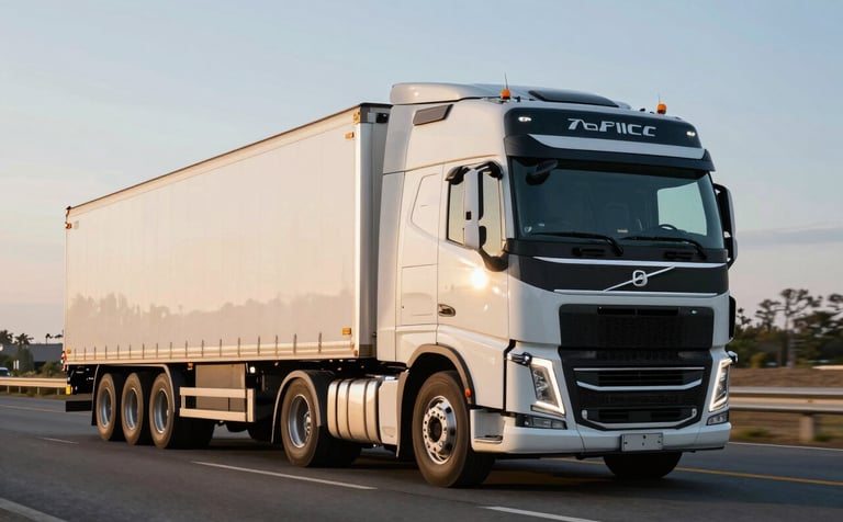 A powerful white Volvo semi-truck with a dry van trailer traveling along a North American interstate highway, professional photography, dramatic afternoon sunlight, metallic reflections and high-end automotive finish.