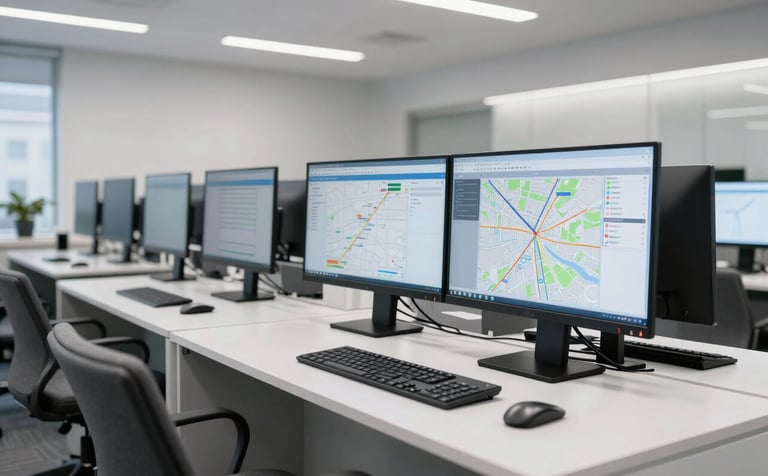 A sleek modern dispatch office in North America with high-resolution monitors displaying logistics routes and maps, clean white desks, professional grey seating, and bright corporate lighting.