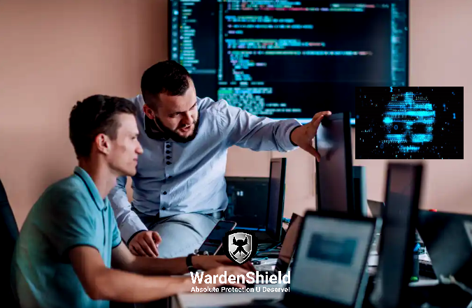 two men sitting at a desk with a computer monitor and a laptop