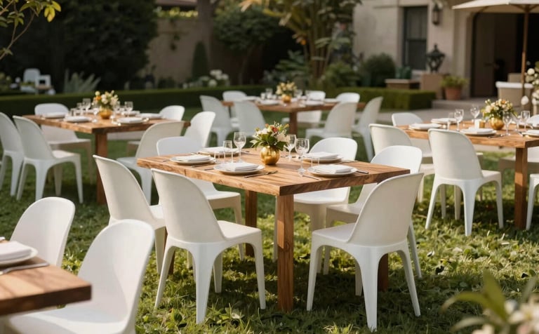 Modern photography of a luxury event rental setup in a North American garden. High-quality white resin chairs and polished wooden tables are arranged neatly on a manicured lawn. The lighting is soft afternoon sun, emphasizing a sophisticated and celebratory atmosphere with cream and muted gold accents.