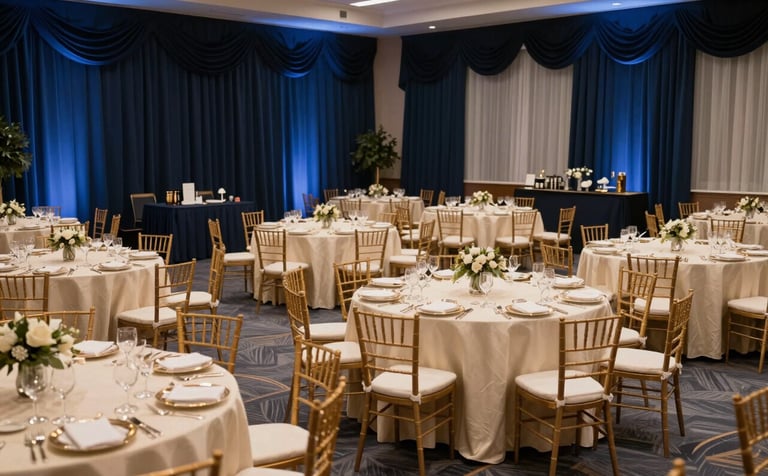 Wide-angle photography of a beautifully orchestrated North American ballroom gala. The room features elegant navy blue drapery, tables set with cream linens and gold-rimmed china, and soft ambient slate blue lighting. The atmosphere is one of effortless elegance and professional reliability.