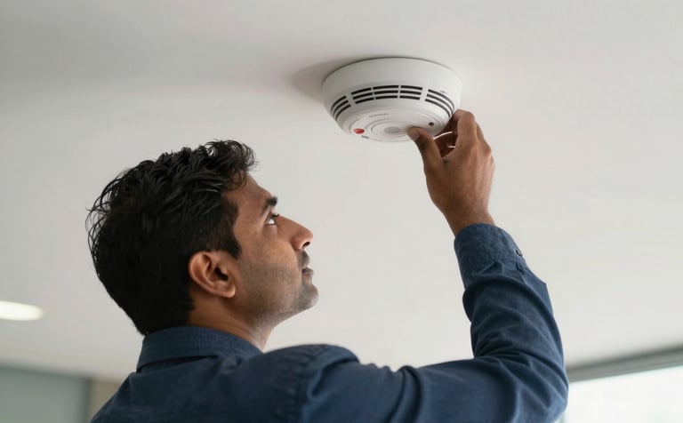 Close-up photography of a professional South Asian engineer mounting a modern smoke detector to a white ceiling in a corporate office in India. The composition is sharp and focused, using soft natural light and a medium blue and off-white palette.