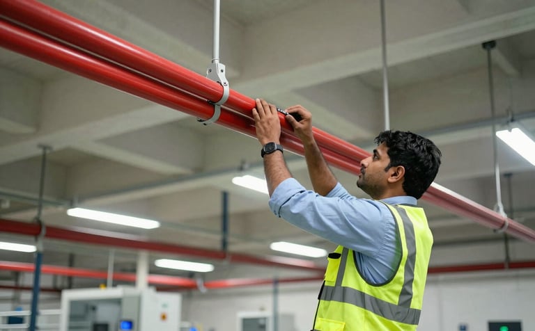 A wide-angle, professional photograph of a South Asian technician in a high-visibility vest expertly installing fire-resistant red cabling along a ceiling in a modern Indian industrial facility. The lighting is bright and clean, showcasing precise and organized work.