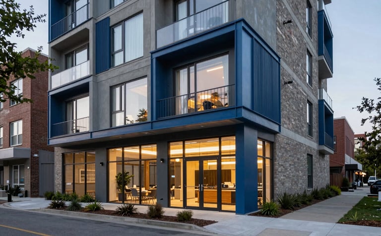 A professional photography shot of a high-tech community center in a North American / US urban neighborhood. The building features modern architecture with steel blue highlights and sustainable design elements. The lighting is soft and forward-thinking.