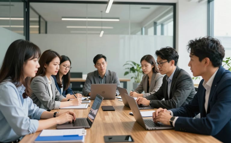 A sharp, impactful photograph of professional entrepreneurs in a bright North American / US collaborative workspace. They are gathered around a wooden conference table with laptops and cloud blue notebooks, looking focused and results-oriented. The background is a clean, modern glass-walled office.
