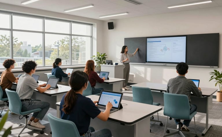 A wide-angle, professional photograph of a modern North American / US high-tech classroom. Diverse students and an instructor are engaged around digital tablets and large interactive screens. The room has large windows with natural sunlight, sleek furniture in slate teal, and a bright, visionary atmosphere.