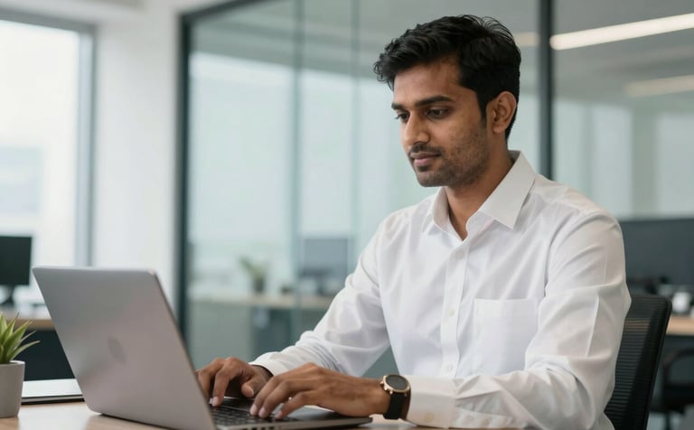 A professional South Asian male Chartered Accountant in a crisp white shirt working in a modern, sunlit Mumbai office. The background features clean glass walls and subtle deep navy and muted teal office decor. High-quality corporate photography.