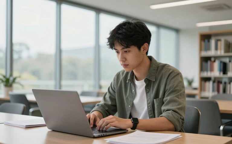 A Canadian student focused on a laptop in a modern, bright library with large glass walls. The setting is clean and minimalist, showing a student using AI tools to organize notes. Soft natural lighting, professional and calm mood.