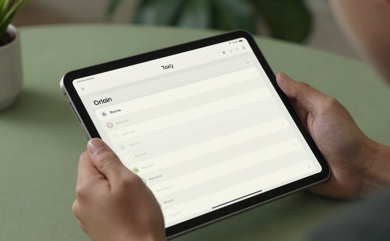 A close-up shot of hands using a clean, minimalist task-management app on a tablet in a green, plant-filled modern workspace. International / Global. The lighting is crisp and sophisticated. The color palette incorporates medium green and off-white for a reliable, practical feel.