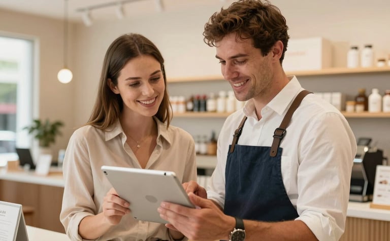 A photography shot focusing on two people in a friendly, professional interaction in an Australian retail or hospitality setting. They are looking at a tablet together. The lighting is bright and warm. The background shows a clean, modern shop interior with tan and cream decor. Professional yet human.