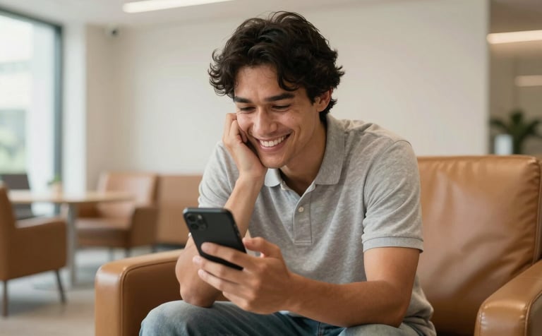 A candid photograph of a happy individual in a bright, modern Australian office lounge. They are holding a smartphone and looking at it with a smile of relief. The setting is warm and welcoming with tan leather seating and cream-colored interior design. Soft, airy lighting.