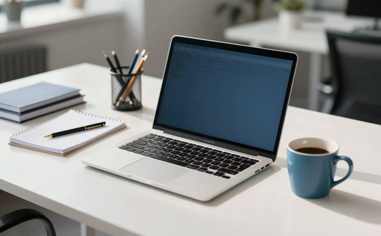 Photography of a bright, modern North American office workspace with a high-end laptop on a clean white desk, surrounded by organized stationery and a steel blue coffee mug. The lighting is natural and crisp, emphasizing a professional and highly efficient atmosphere. Steel blue and off-white color palette.