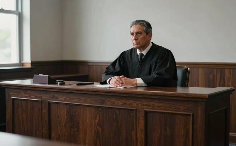 A serious, documentary-style photograph of a North American tribal courtroom bench. The composition is clean and sophisticated with natural light from a side window. The scene features deep charcoal and light gray colors, conveying a sense of reliability and grounded legal authority.