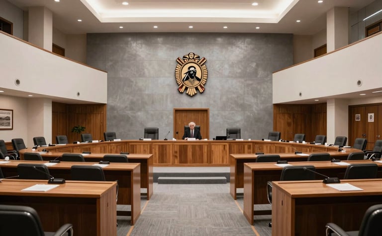 A professional wide-angle interior shot of a North American tribal council hall. The setting features a blend of modern legal architecture with subtle traditional cultural elements integrated into the wood paneling. Grounded atmosphere, lighting is soft and authoritative, emphasizing silver-gray and off-white tones.