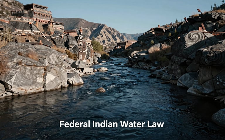 A sophisticated outdoor scene of a North American river flowing through mountainous tribal lands, symbolizing Federal Indian Water Law. Clear morning light, high contrast with charcoal-blue water and light gray rocks. Trustworthy and professional photography style.