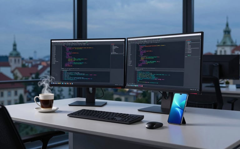 Wide shot of a minimalist workstation in a high-rise office in Prague. Two monitors show lines of code and asset folders. A steaming cup of coffee and a high-end Android device sit on the desk with evening blue hour lighting from the window.