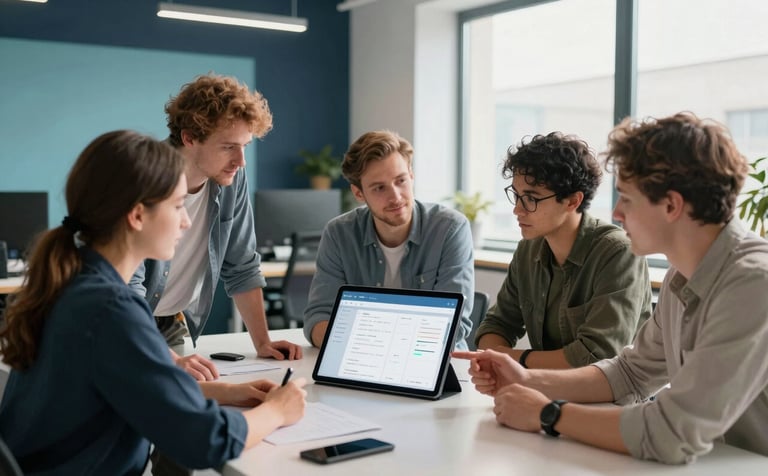 A clean, sunlit office in an Eastern European tech hub. A creative group of software designers is gathered around a table with a large Android tablet, discussing interface layouts. The lighting is soft and natural, with accents of light blue and dark navy in the modern decor.