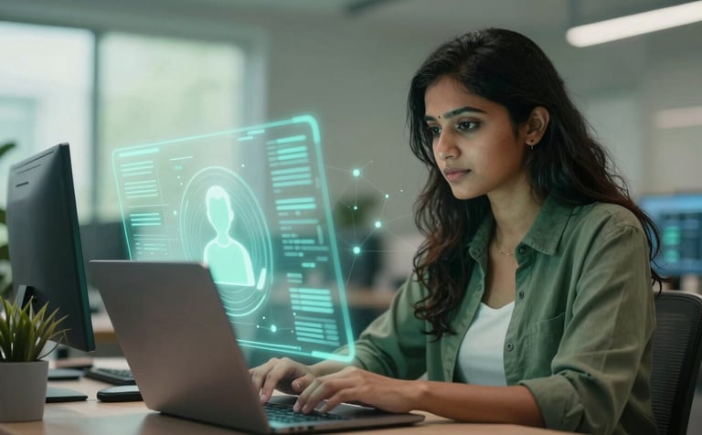 A high-resolution, professional photograph of an Indian woman in a modern tech workspace, focused on a laptop. Soft, glowing digital interfaces of data and nodes subtly float around the screen, illustrating human-AI collaboration. Lighting is bright and natural. Color palette incorporates deep greens and soft mint tones.