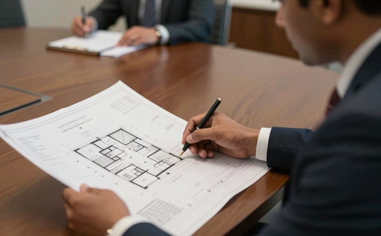 Close-up photography of a professional meeting in a sophisticated boardroom. A South Asian / Indian professional in a sharp suit is reviewing high-quality architectural blueprints. Professional and trustworthy atmosphere.