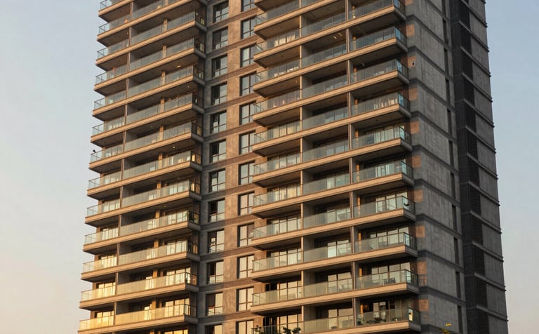 A high-end residential high-rise apartment complex in Gurgaon during golden hour. The architecture is modern with sleek glass balconies. The lighting is warm and sophisticated, using golden tan tones from the palette. South Asian / Indian setting.