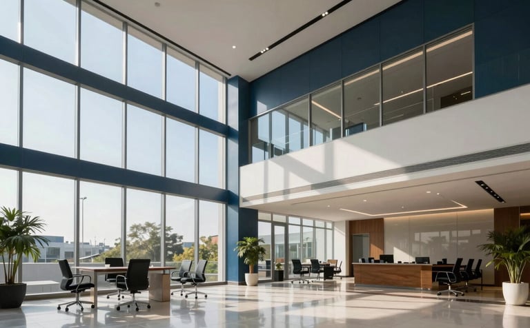 A sleek, professional corporate office lobby in a Gurgaon business park. Modern interior design with muted blue and off-white accents. Large glass windows reflecting a bright, clear sky. South Asian / Indian business environment.