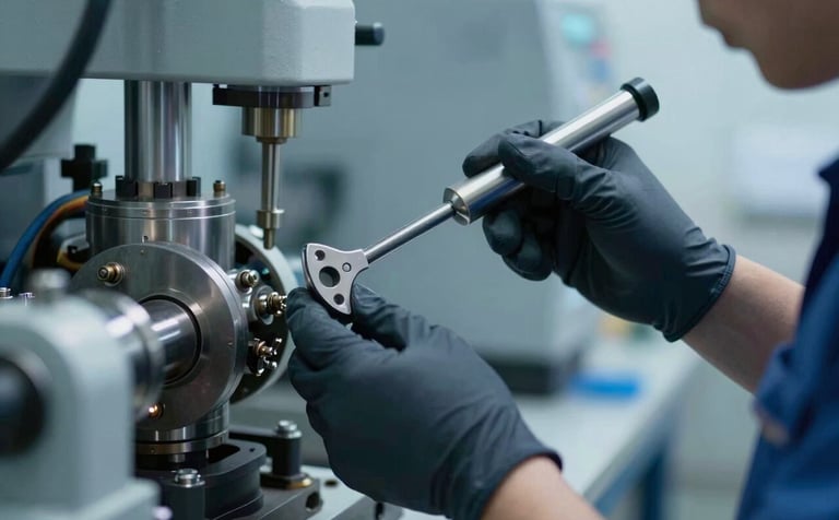 A close-up, detailed shot of a professional technician cleaning complex industrial machinery using specialized tools. The image conveys precision and technical expertise. Lighting is crisp and cold, featuring colors like #2C3E50 and #B0C4DE to reinforce the industrial aesthetic.