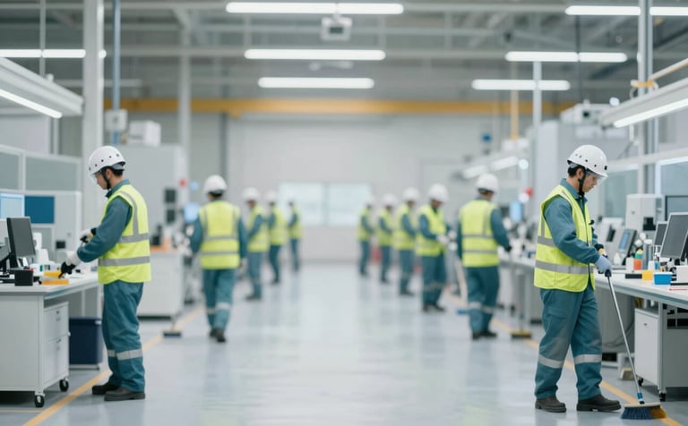 A wide shot showing a professional team from Macroclean in full industrial safety gear (helmets, high-vis vests) performing a deep cleaning operation in a large, modern factory. The composition is symmetrical and organized, using tones of #F2F4F7 and #5D7A8F to convey efficiency and reliability.