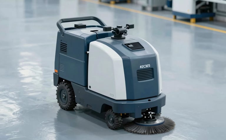 A high-angle professional shot of an industrial warehouse floor being cleaned by a modern ride-on scrubber machine. The lighting is bright and clean, emphasizing a sterile and organized environment. The color palette includes #2C3E50 and #5D7A8F in the machinery and floor reflections.