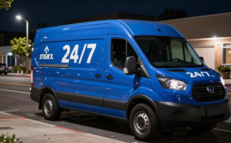 A branded service van with Royal Blue detailing parked on a quiet North American / US street at night, with streetlights casting a soft glow. The mood is dependable and urgent, reflecting 24/7 reliability.
