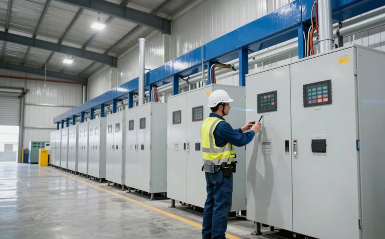 A wide-angle shot of an electrician inspecting power distribution systems in a large North American / US commercial warehouse. The lighting is crisp and modern, featuring Royal Blue accents and Pearl White industrial architecture.